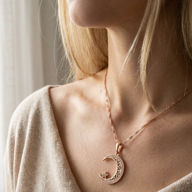 Trend Black Enamel Stars Moon Pendant Rose Gold Color With Natural Zircon Necklace for Women