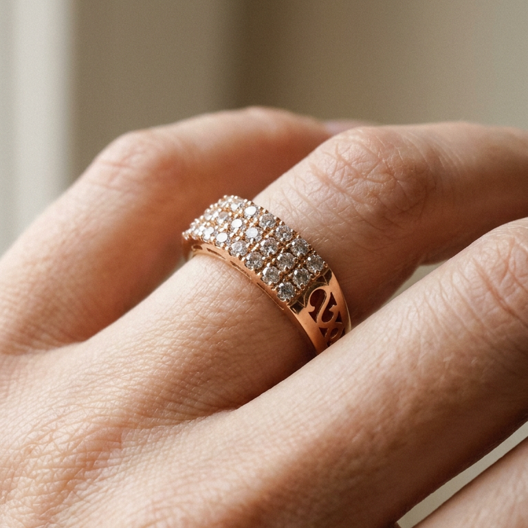 Triple-Row Pavé White Zircon Rose Gold Band