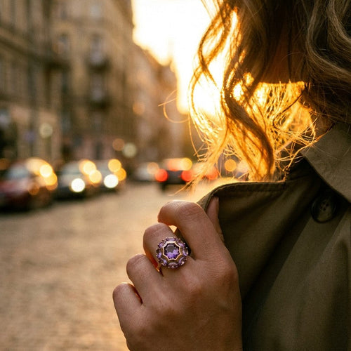 Purple Zircon Sunburst Rose Gold Statement Ring - SEIYI