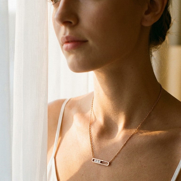 Rose Gold Geometric Bar Zircon Pendant Necklace