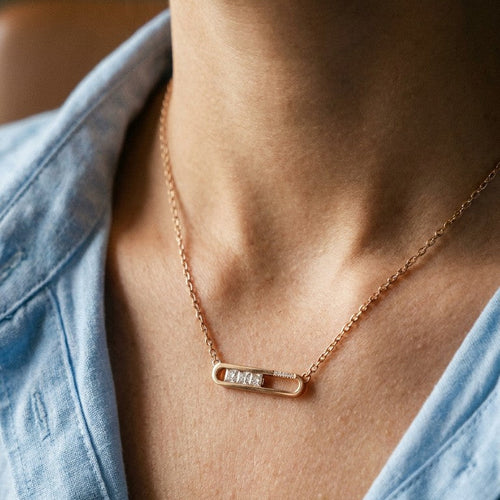 Rose Gold Geometric Bar Zircon Pendant Necklace