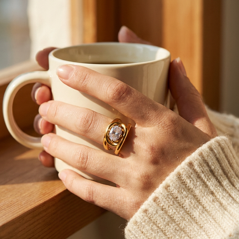 Woman's hand holding coffee cup wearing gold double band oval stone ring, wide arc setting and clear oval stone visible, warm window light, blurred indoor background
