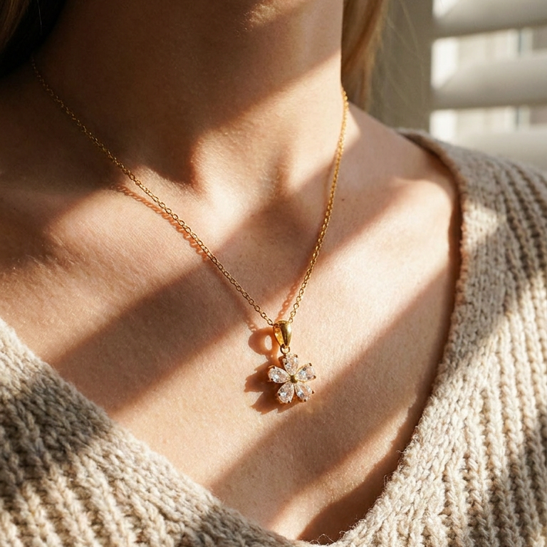 Close-up of gold five petal stone flower necklace at collarbone, five pear-cut clear stones catching warm light through window blinds, beige knit top
