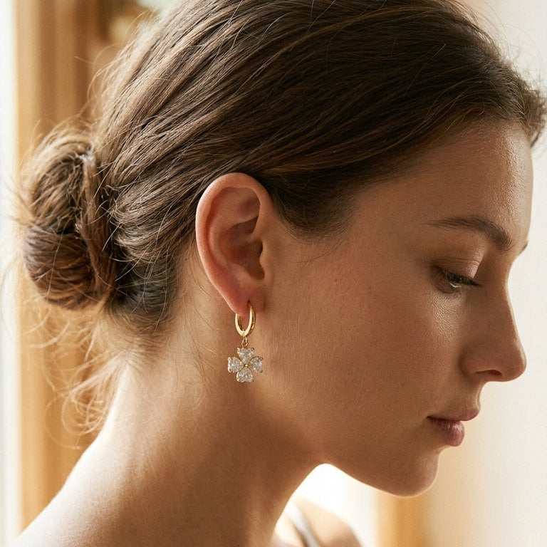 Four-Leaf Heart Crystal Hoop Drop Earrings