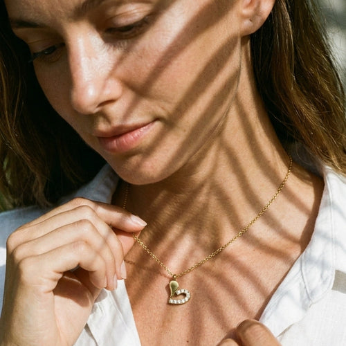 Half Pave Hollow Heart Pendant Necklace - SEIYI