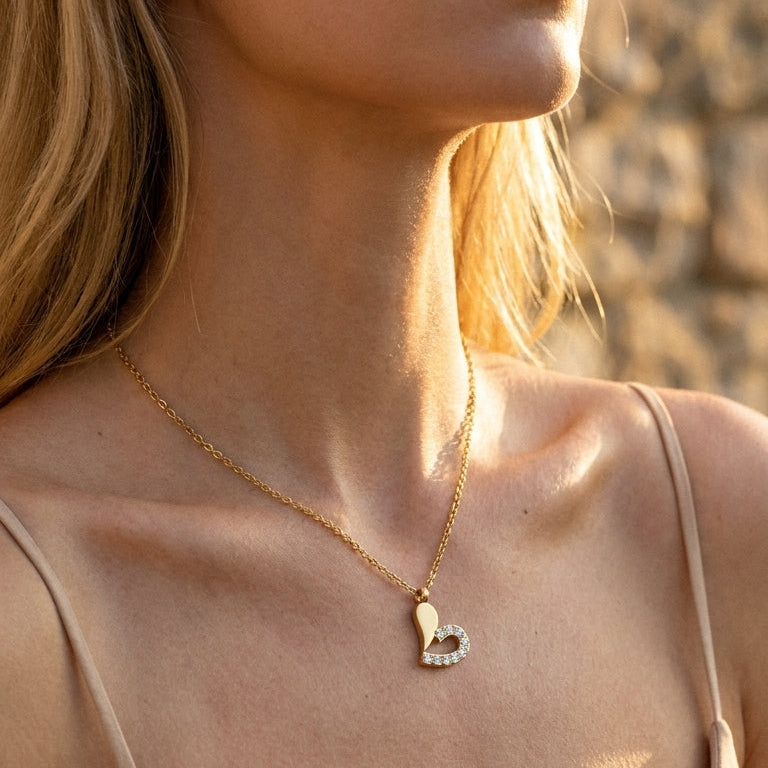 Half Pave Hollow Heart Pendant Necklace - SEIYI