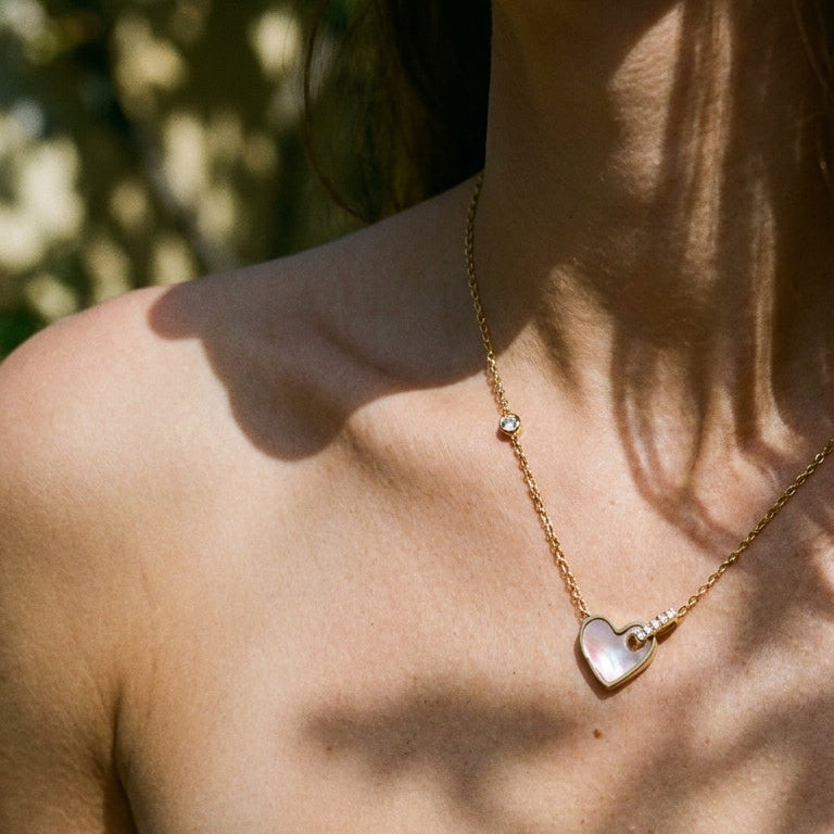 Shell Inlay Zircon Heart Butterfly Pendant Necklace - SEIYI