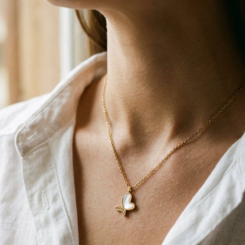 Shell Inlay Zircon Heart Butterfly Pendant Necklace - SEIYI