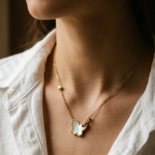 Shell Inlay Zircon Heart Butterfly Pendant Necklace - SEIYI