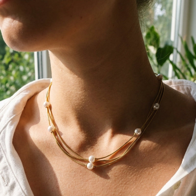 Layered Pearl Snake Chain Necklace - SEIYI