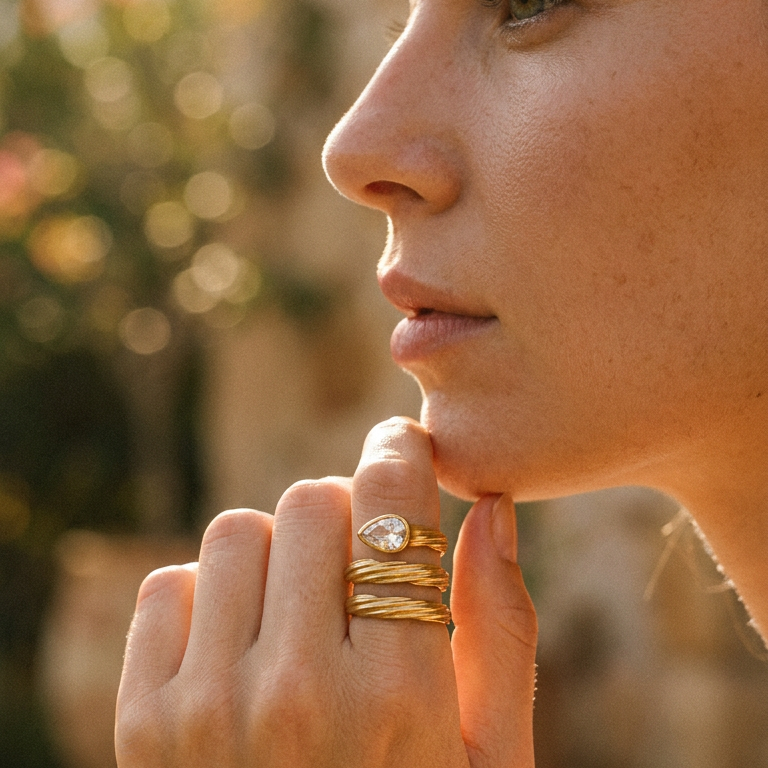 Woman wearing gold spiral wrap ring outdoors, pear-cut crystal catching warm afternoon light, hand resting near chin
