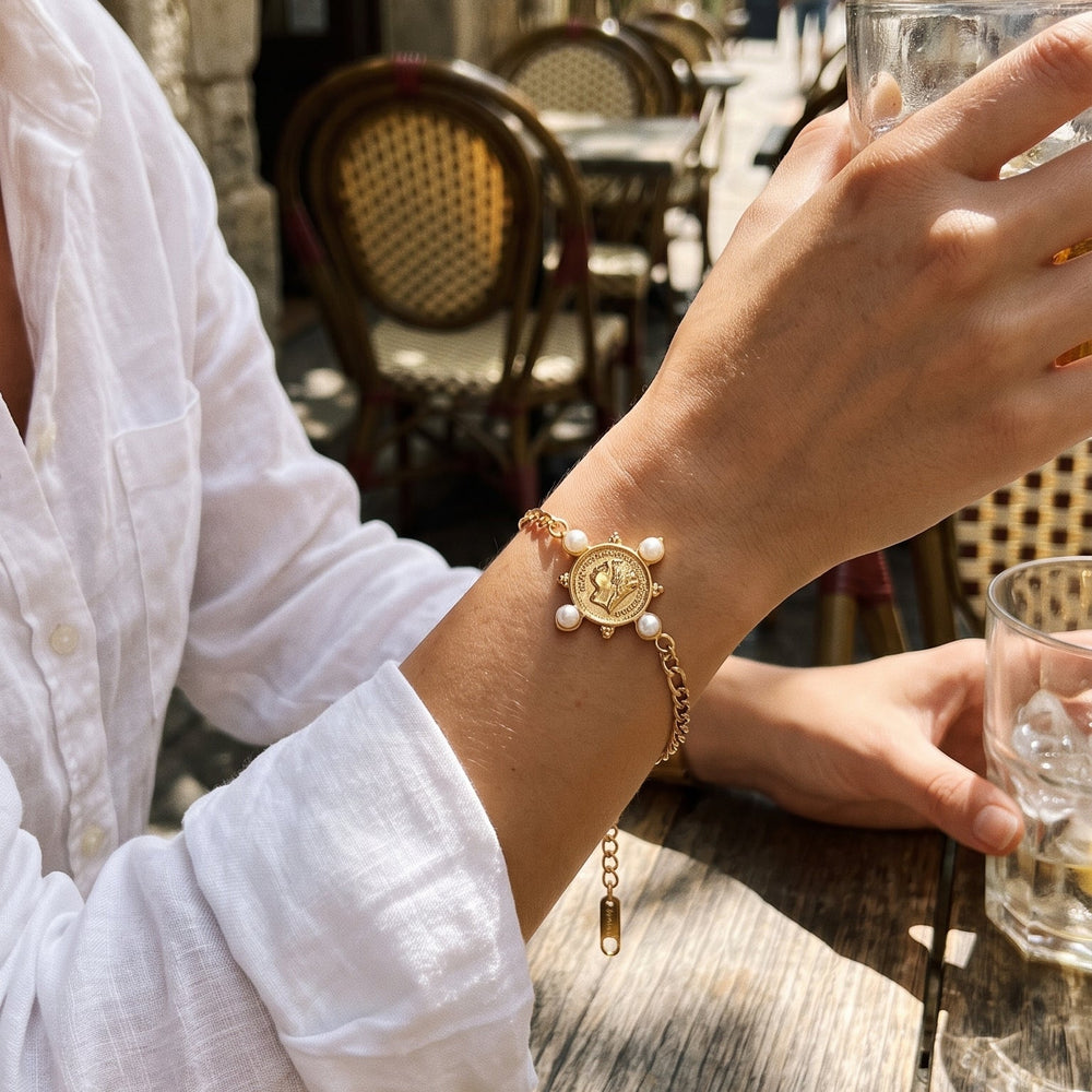 Pearl Coin Charm Figaro Chain Bracelet