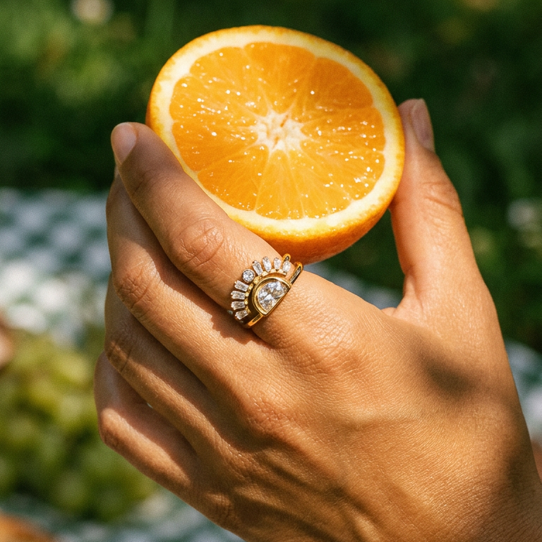 Hand wearing gold half moon fan stacked ring holding halved orange outdoors, baguette fan stones catching bright sunlight, half-moon center stone visible, blurred checkered tablecloth background
