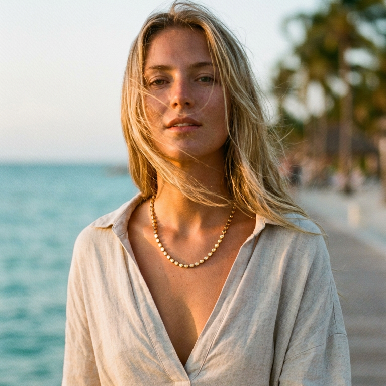 Woman standing on seaside promenade wearing gold disc chain necklace at collarbone, flat disc links catching warm golden hour sunlight, open white linen shirt, blond hair in breeze, blurred ocean and palm trees background
