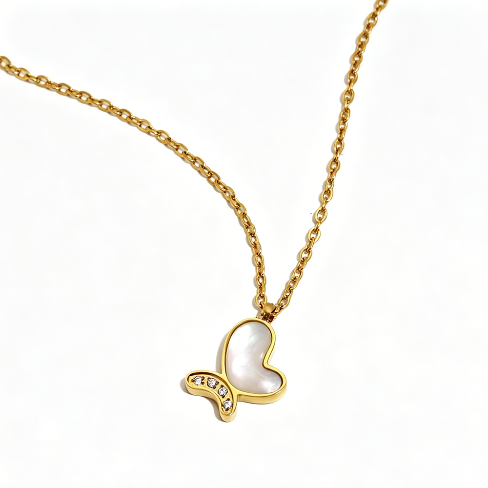 Shell Inlay Zircon Heart Butterfly Pendant Necklace - SEIYI