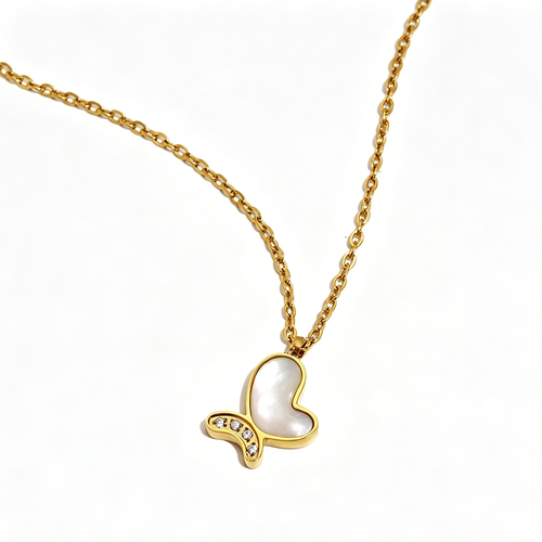 Shell Inlay Zircon Heart Butterfly Pendant Necklace - SEIYI