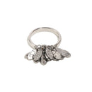 Hammered teardrop fringe statement ring in silver, close-up of cascading charm detail, white background
