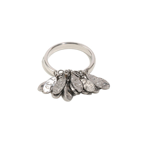 Hammered teardrop fringe statement ring in silver, close-up of cascading charm detail, white background
