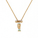 White enamel fish pendant necklace on gold cable chain, crystal accent detail, white background

