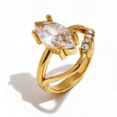 Marquise crystal double band ring in gold, elevated center stone and round accent stones on split band, white background
