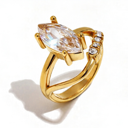 Marquise crystal double band ring in gold, elevated center stone and round accent stones on split band, white background
