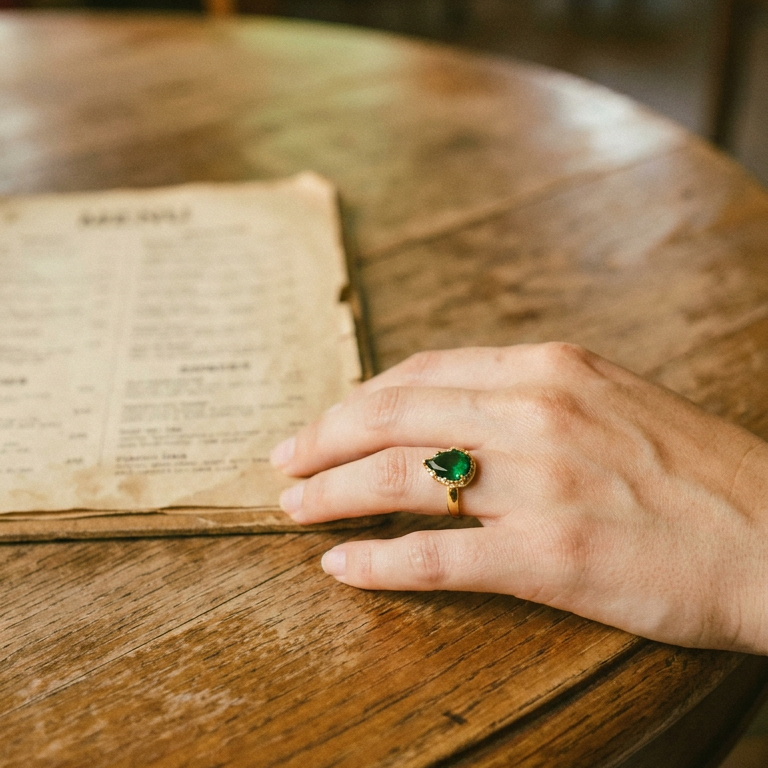 Hand wearing gold green teardrop stone halo cocktail ring resting on round wooden table, deep green teardrop stone in multi-prong gold halo setting, blurred vintage book in background, warm indoor light
