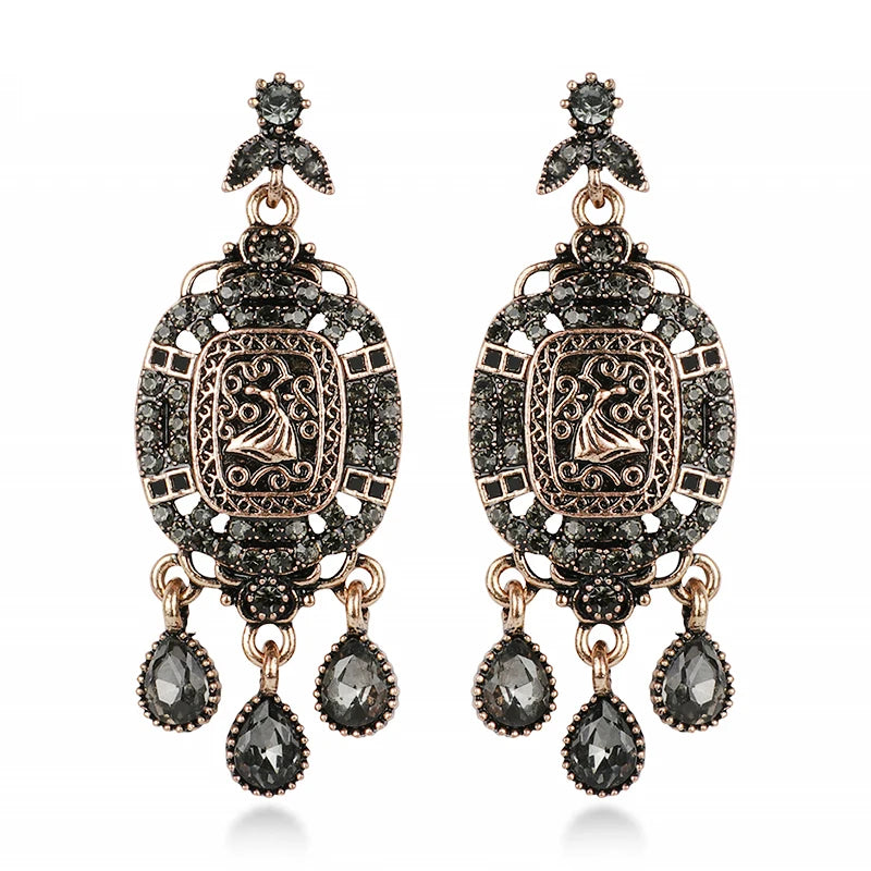 Antique Gold Beach Gray Crystal Big Drop Earrings