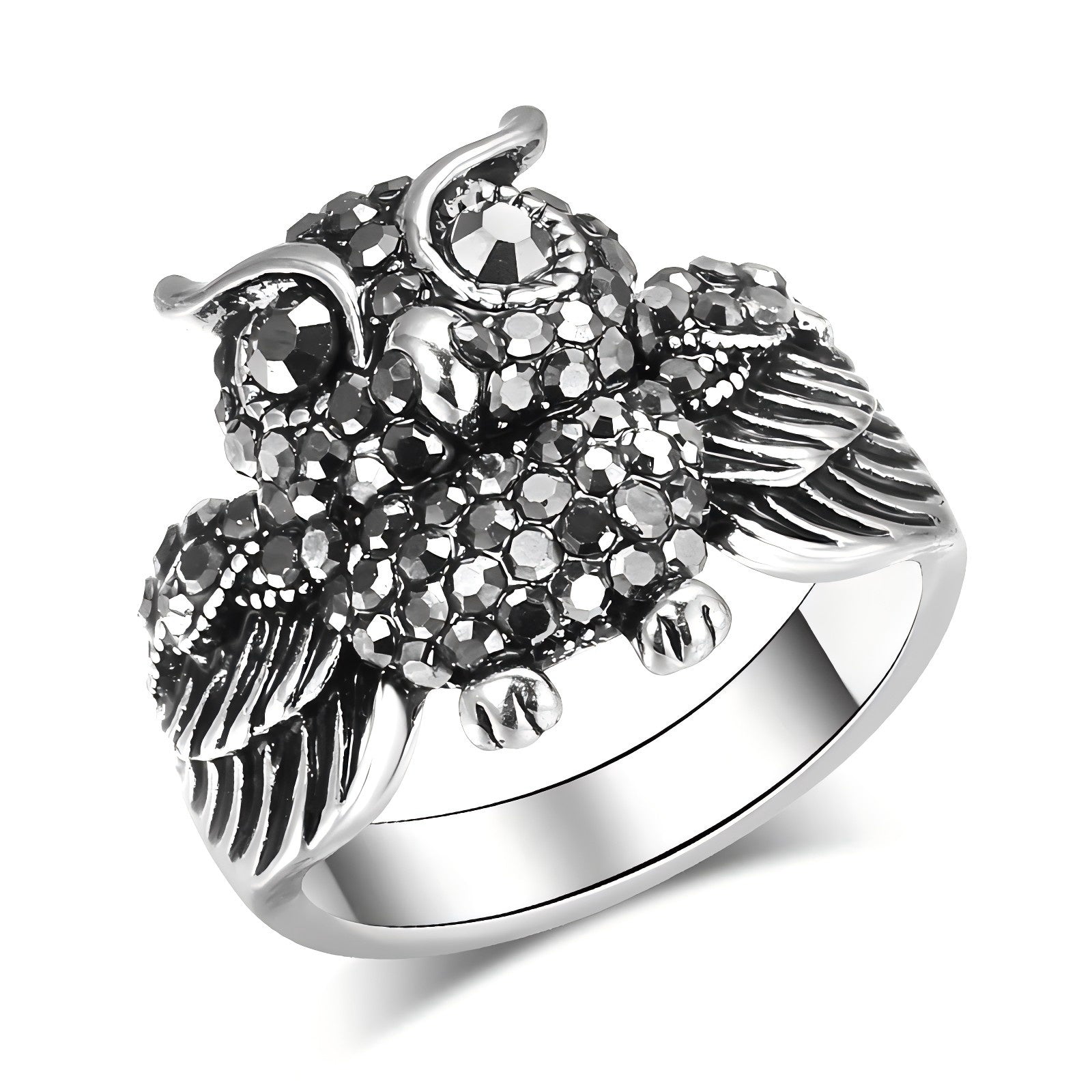 Antique Tibetan Silver Mosaic Bright Black Crystal Owl Ring