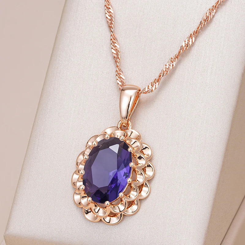 Big Purple Gemstone Rose Gold Color Crystal Flower Pendant Necklace