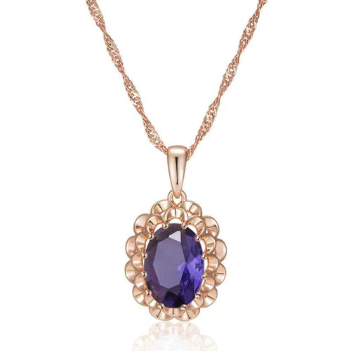 Big Purple Gemstone Rose Gold Color Crystal Flower Pendant Necklace