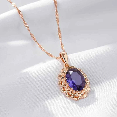 Big Purple Gemstone Rose Gold Color Crystal Flower Pendant Necklace