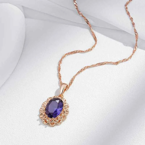 Big Purple Gemstone Rose Gold Color Crystal Flower Pendant Necklace