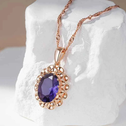 Big Purple Gemstone Rose Gold Color Crystal Flower Pendant Necklace
