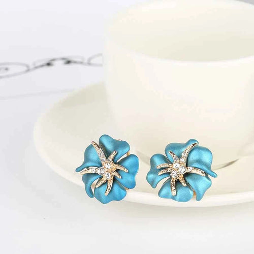 Blue Enamel Rose Crystal Earrings