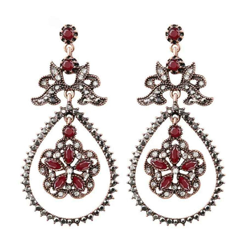 Ethnic Style Teardrop-Shaped Red Resin Crystal Flower Long Pendant Earrings