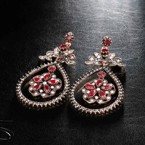 Ethnic Style Teardrop-Shaped Red Resin Crystal Flower Long Pendant Earrings