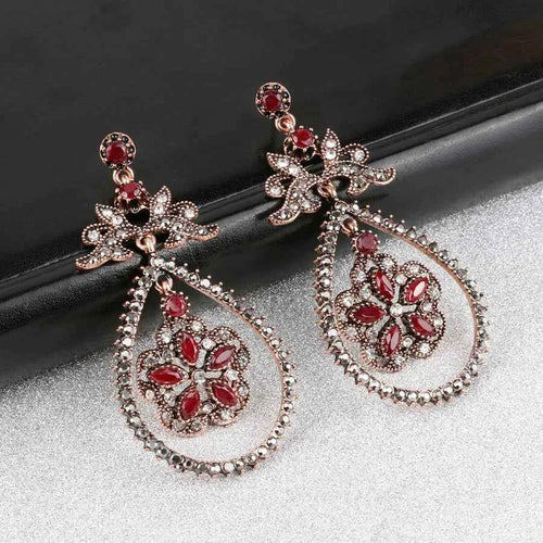 Ethnic Style Teardrop-Shaped Red Resin Crystal Flower Long Pendant Earrings