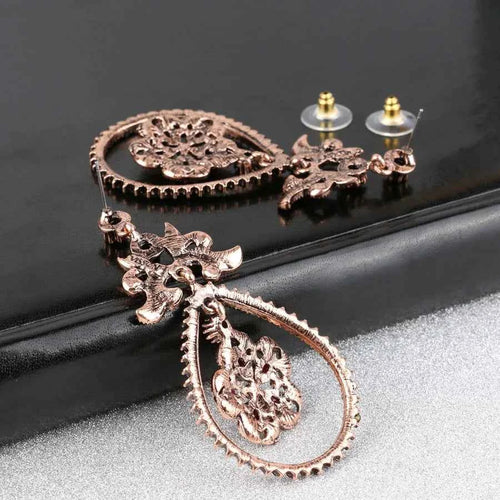 Ethnic Style Teardrop-Shaped Red Resin Crystal Flower Long Pendant Earrings
