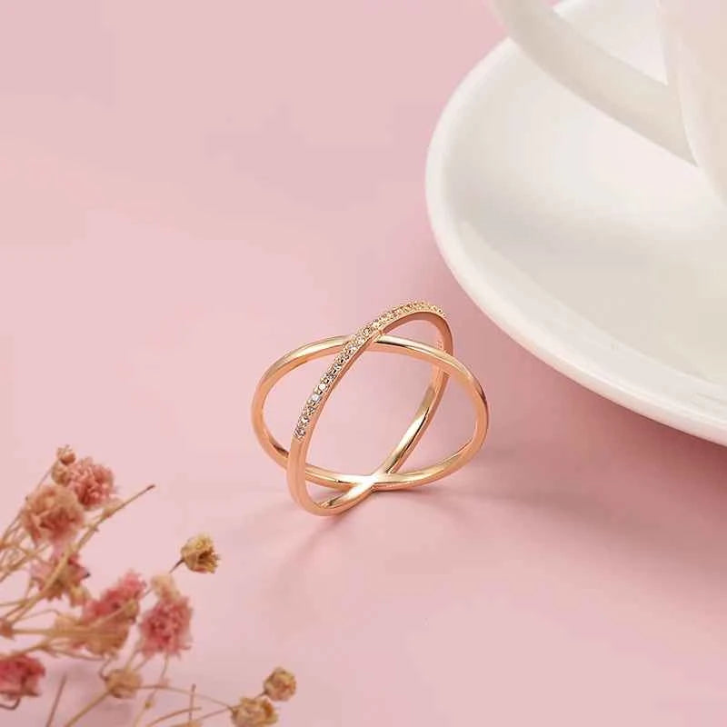 Geometric Cross Pave Zircon Rose Gold Ring