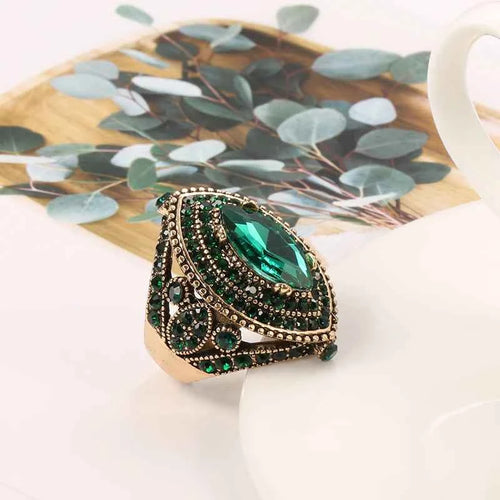 Antique Gold Green Crystal Statement Cocktail Ring