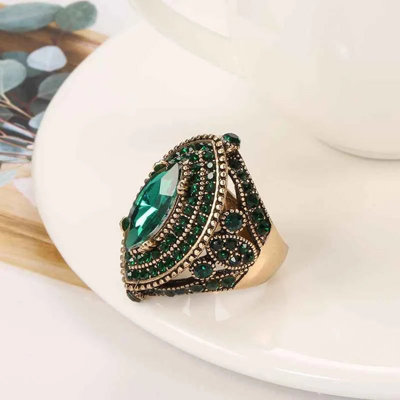 Antique Gold Green Crystal Statement Cocktail Ring