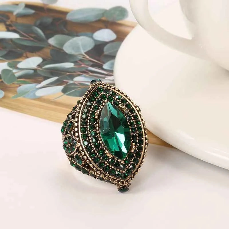 Antique Gold Green Crystal Statement Cocktail Ring