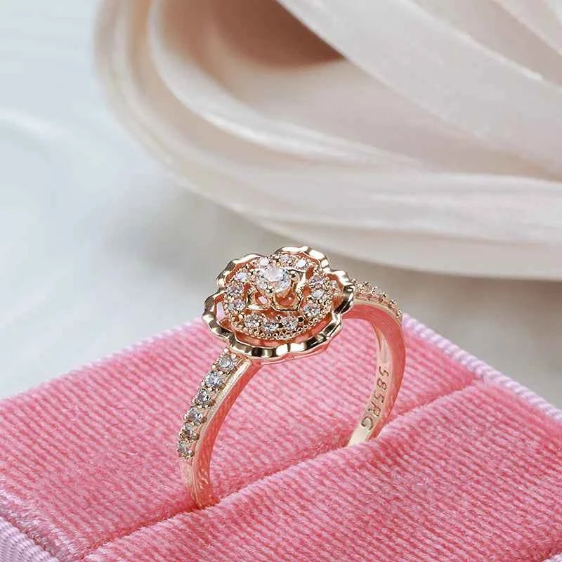 Pavé Rose Flower Zircon Rose Gold Ring