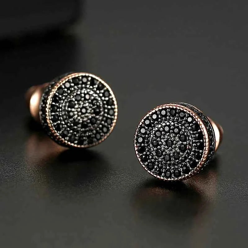 Rose Gold Black Zircon Round Stud Earrings
