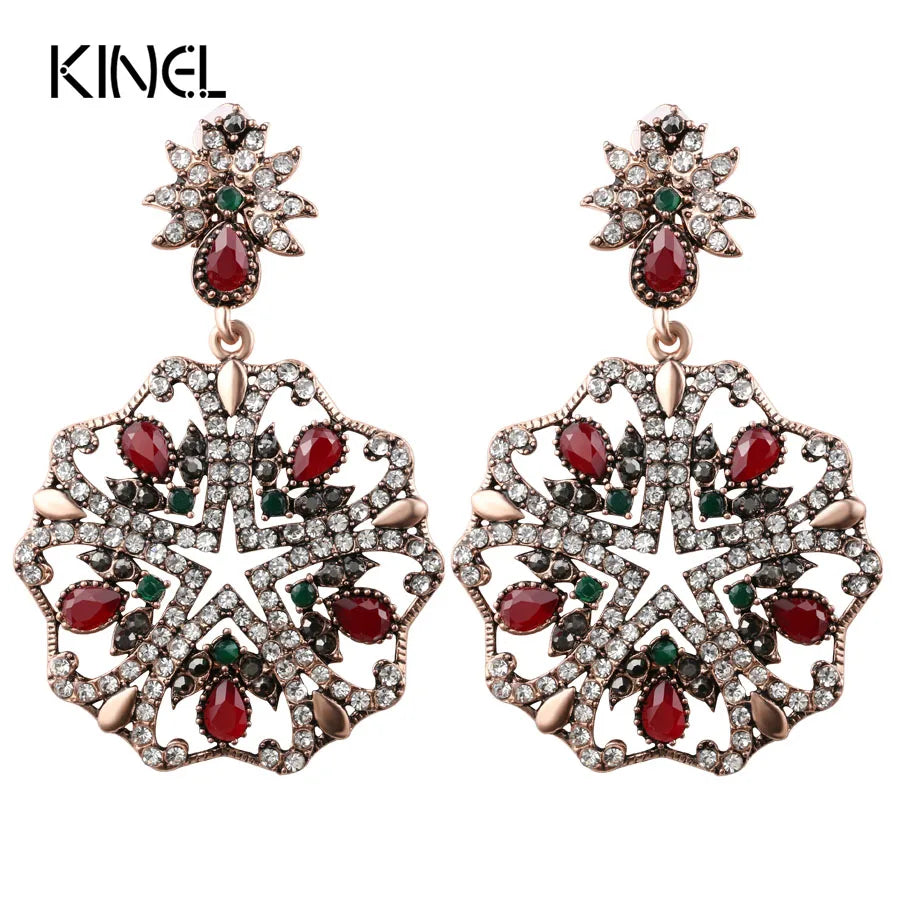Turkish Style Ancient Gold Crystal Long Earrings