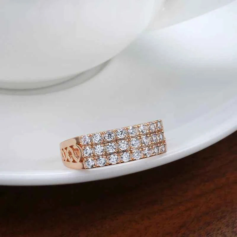 Triple-Row Pavé White Zircon Rose Gold Band