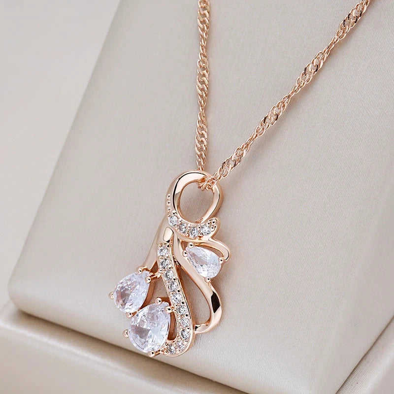 Hollow Flowers Gemstone Rose Gold Color Pendant Necklace