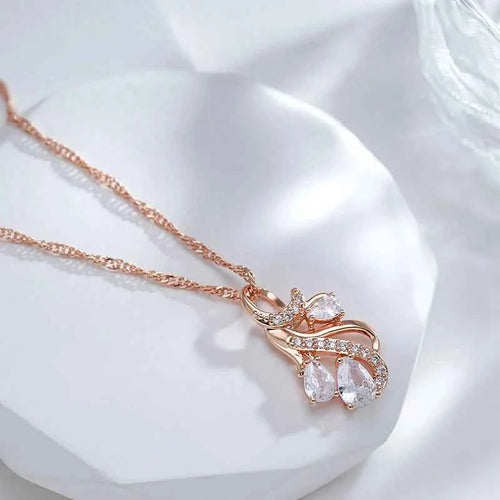 Hollow Flowers Gemstone Rose Gold Color Pendant Necklace