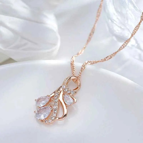 Hollow Flowers Gemstone Rose Gold Color Pendant Necklace