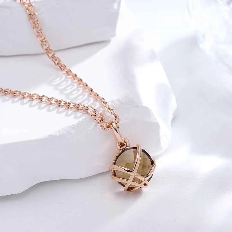 Light Brown Gemstone Pendant Rose Gold Necklace